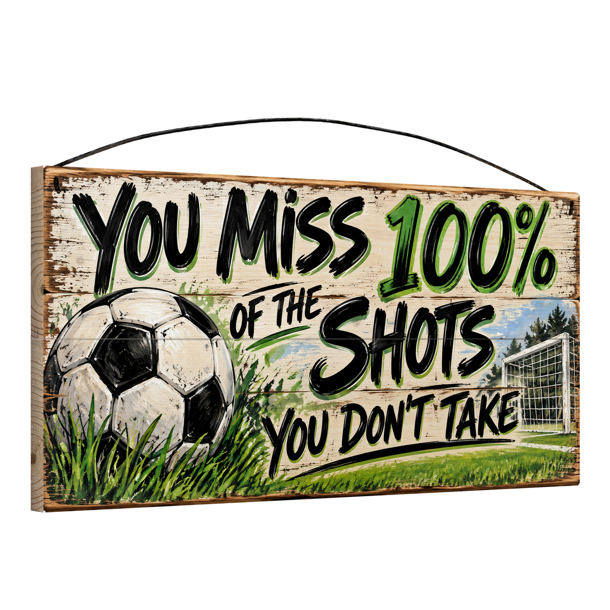 You Miss 100% of the Shots You Don't Take Soccer Ball & Goal Wood Sign, 7×14 — angled view, solid pine