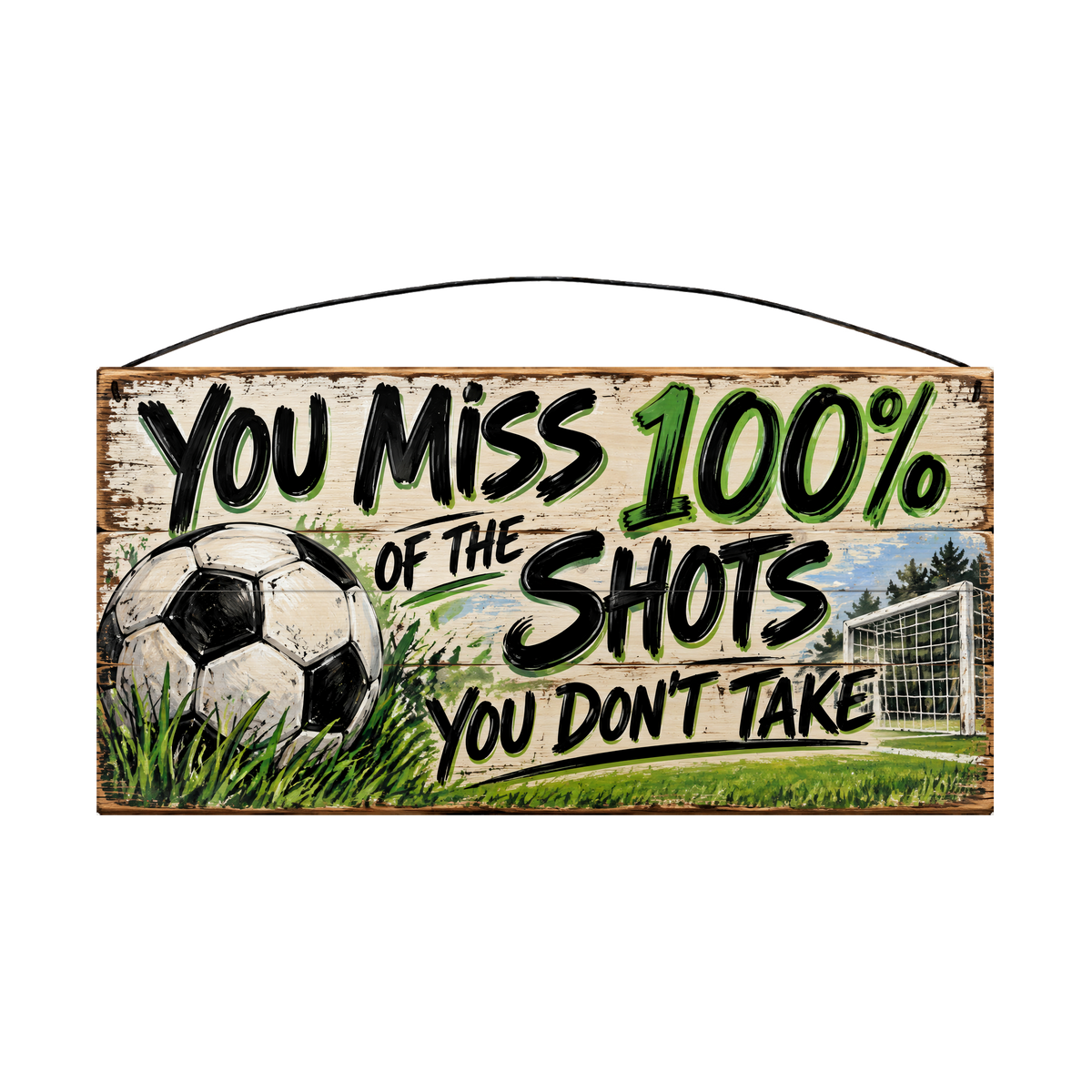 You Miss 100% of the Shots You Don't Take Soccer Ball & Goal Wood Sign, 7×14 — solid pine