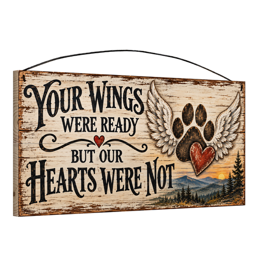 Angled view of Your Wings Were Ready But Our Hearts Were Not pet memorial wood sign, 7 × 14 in, showing board thickness and wire hanger