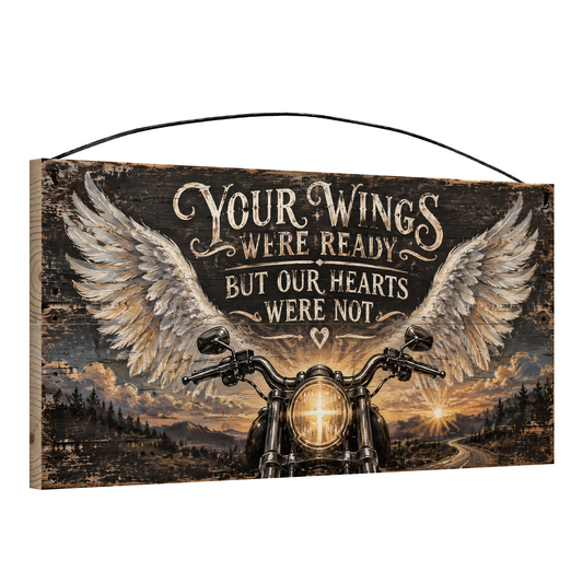 Angled view of Your Wings Were Ready But Our Hearts Were Not motorcycle memorial wood sign, 7 × 14 in, showing board thickness and wire hanger