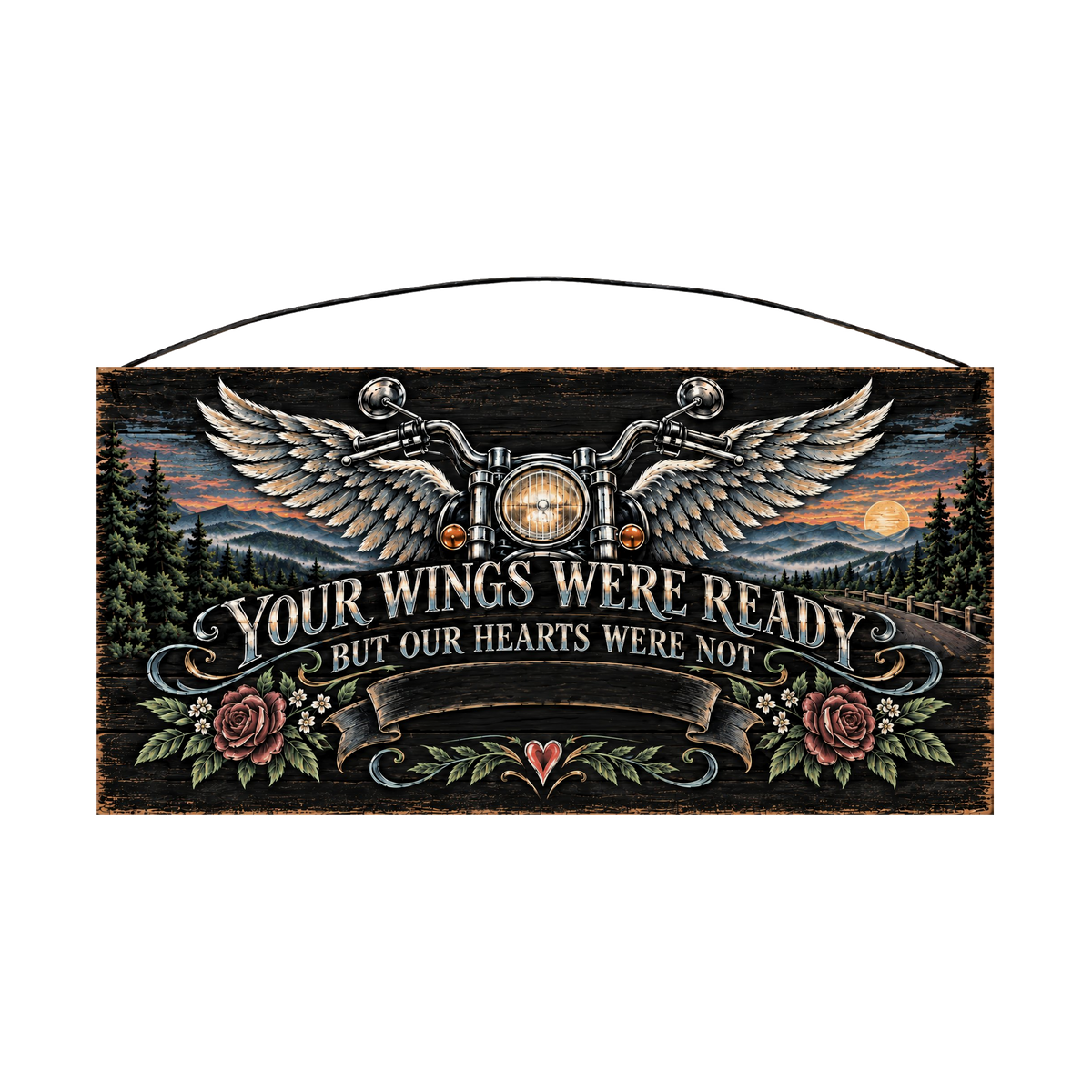 Personalized Your Wings Were Ready motorcycle memorial wood sign, 7 x 14 in — winged handlebars over a mountain sunset, with a name banner