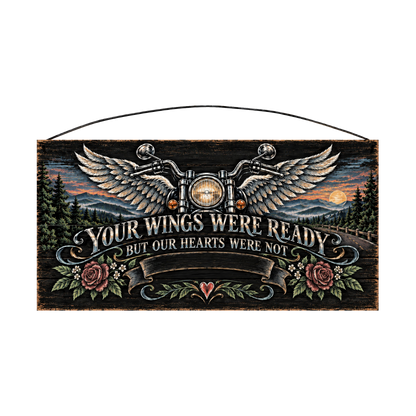 Personalized Your Wings Were Ready motorcycle memorial wood sign, 7 x 14 in — winged handlebars over a mountain sunset, with a name banner