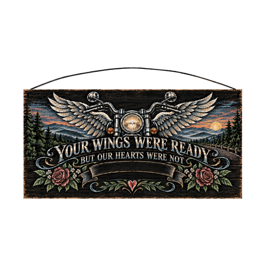 Personalized Your Wings Were Ready motorcycle memorial wood sign, 7 x 14 in — winged handlebars over a mountain sunset, with a name banner