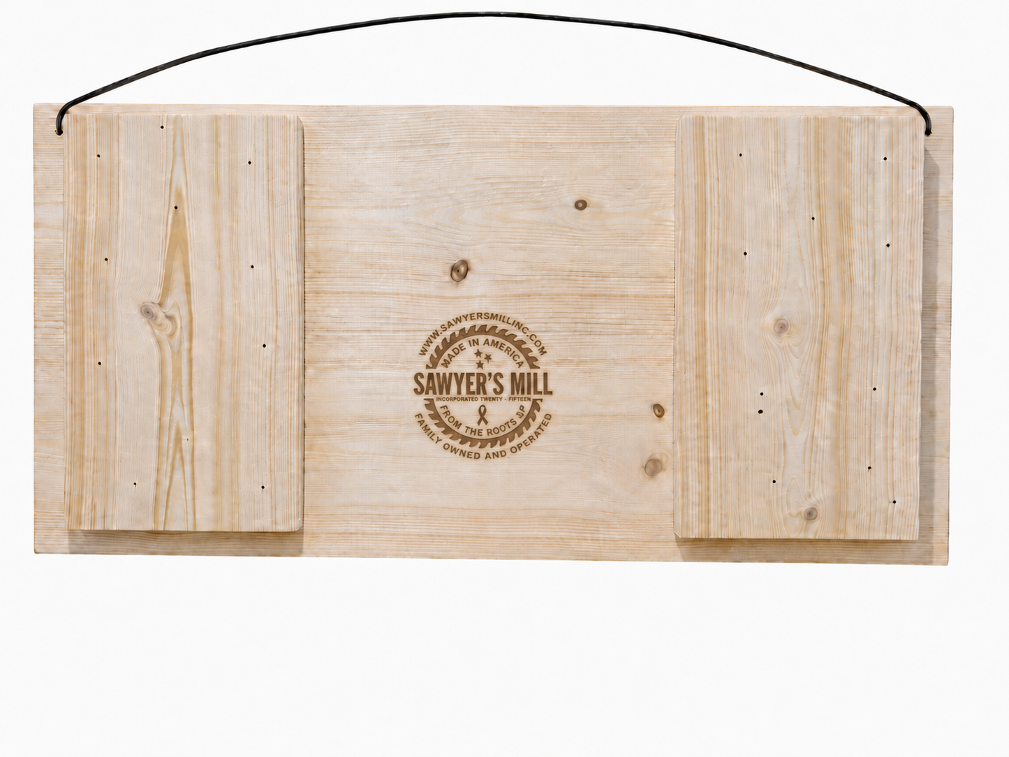 Back of Sawyer's Mill 7 x 14 wood sign showing rear wire hanger