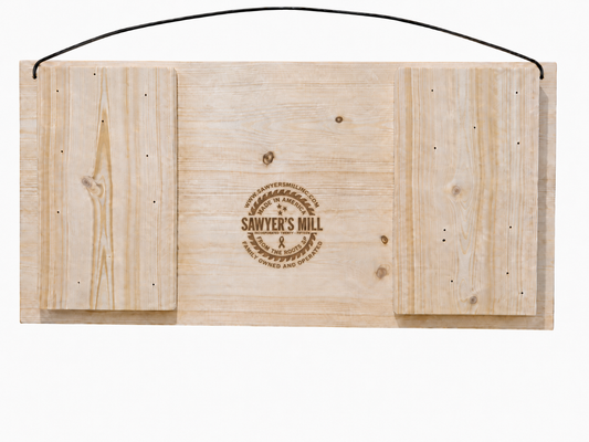 Back of Sawyer's Mill 7 x 14 wood sign showing rear wire hanger