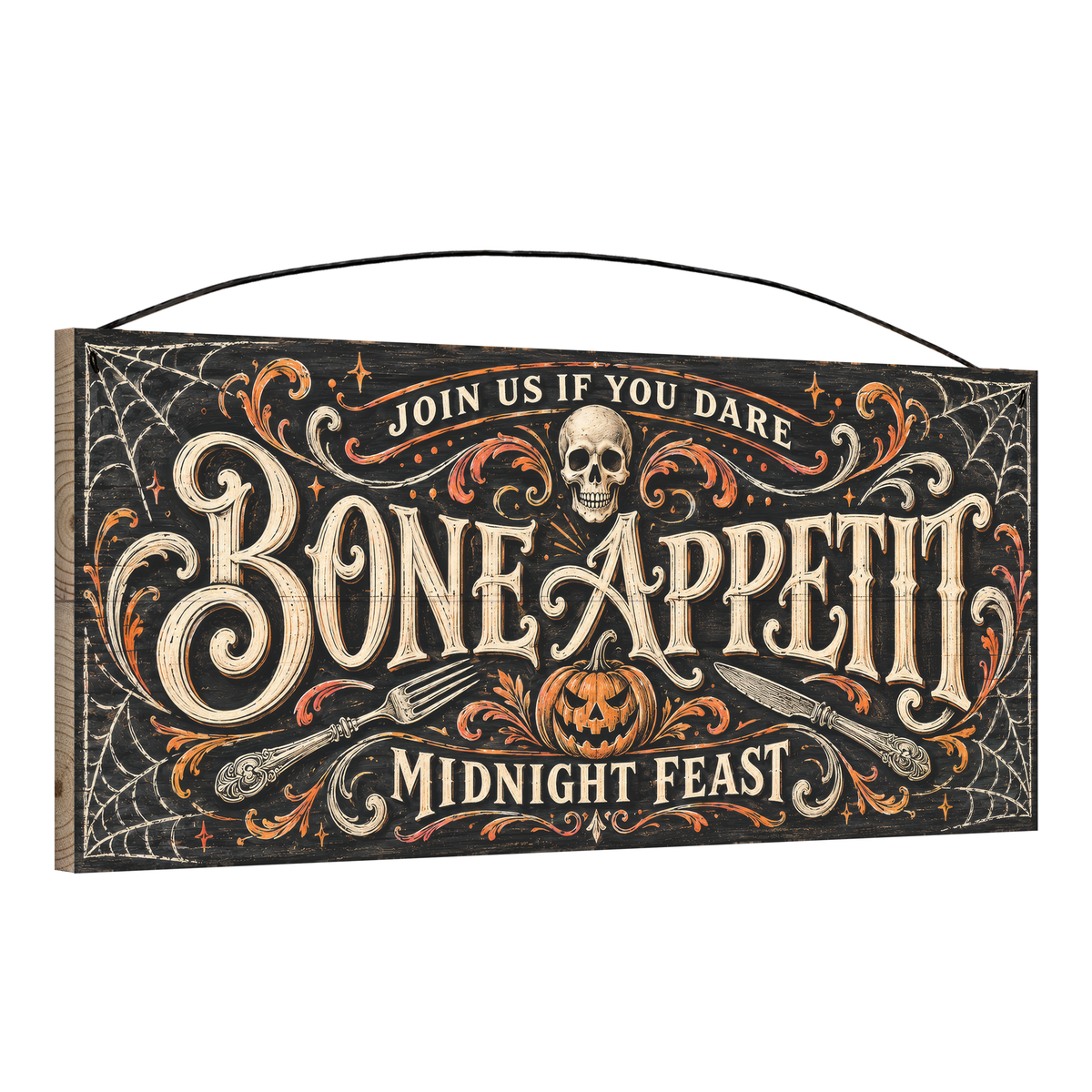 Bone Appetit Midnight Feast 7x16 pine wood sign, angled view showing edge