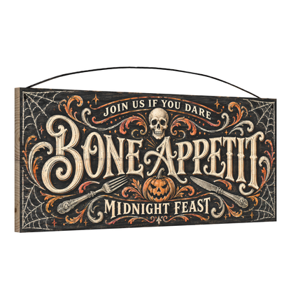 Bone Appetit Midnight Feast 7x16 pine wood sign, angled view showing edge
