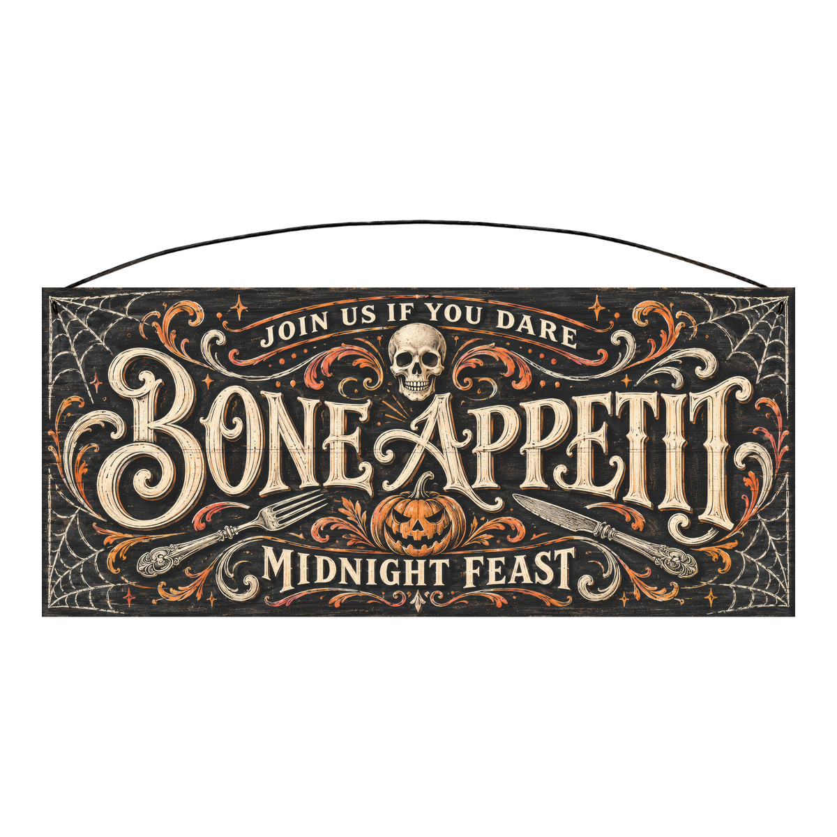 Bone Appetit Midnight Feast 7x16 pine wood sign, front