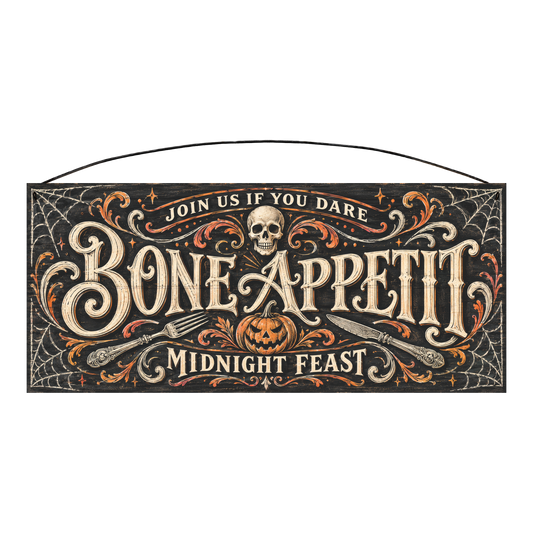 Bone Appetit Midnight Feast 7x16 pine wood sign, front