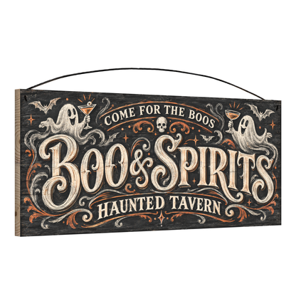 Boo & Spirits Haunted Tavern 7x16 pine wood sign, angled view showing edge
