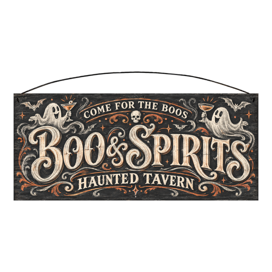 Boo & Spirits Haunted Tavern 7x16 pine wood sign, front