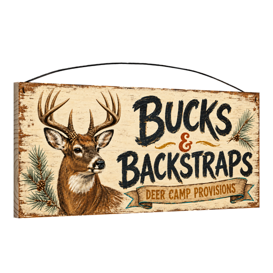 Angled view of the Bucks and Backstraps 7 x 16 pine wood sign showing the board edge and hanging wire
