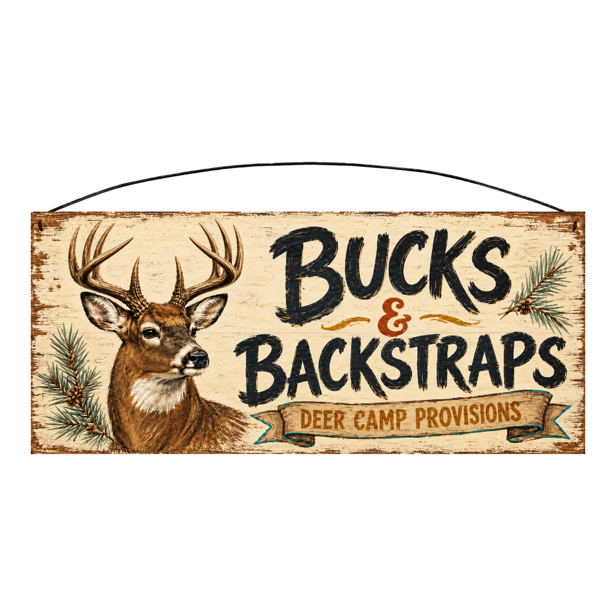 Bucks and Backstraps Deer Camp Provisions whitetail wood sign, 7 x 16 inches — solid pine