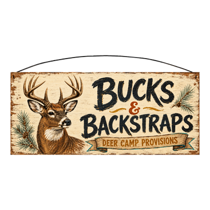 Bucks and Backstraps Deer Camp Provisions whitetail wood sign, 7 x 16 inches — solid pine