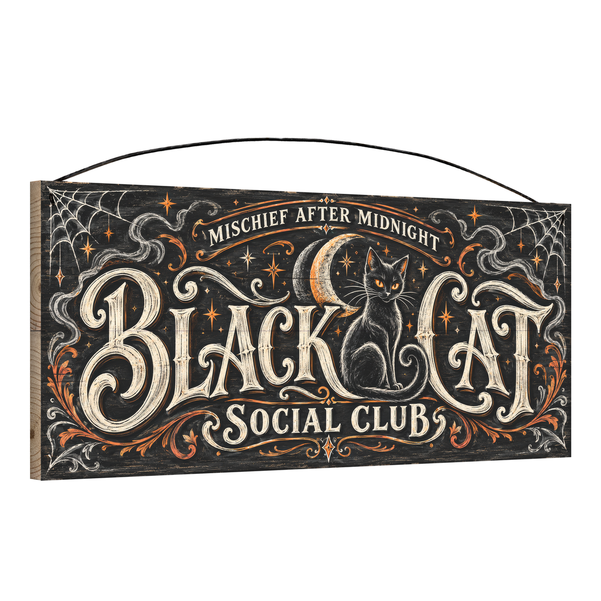 Black Cat Social Club 7x16 pine wood sign, angled view showing edge