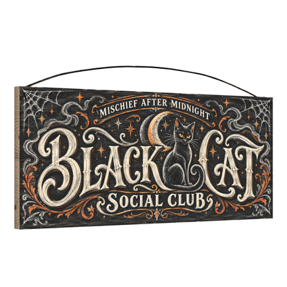 Black Cat Social Club 7x16 pine wood sign, angled view showing edge