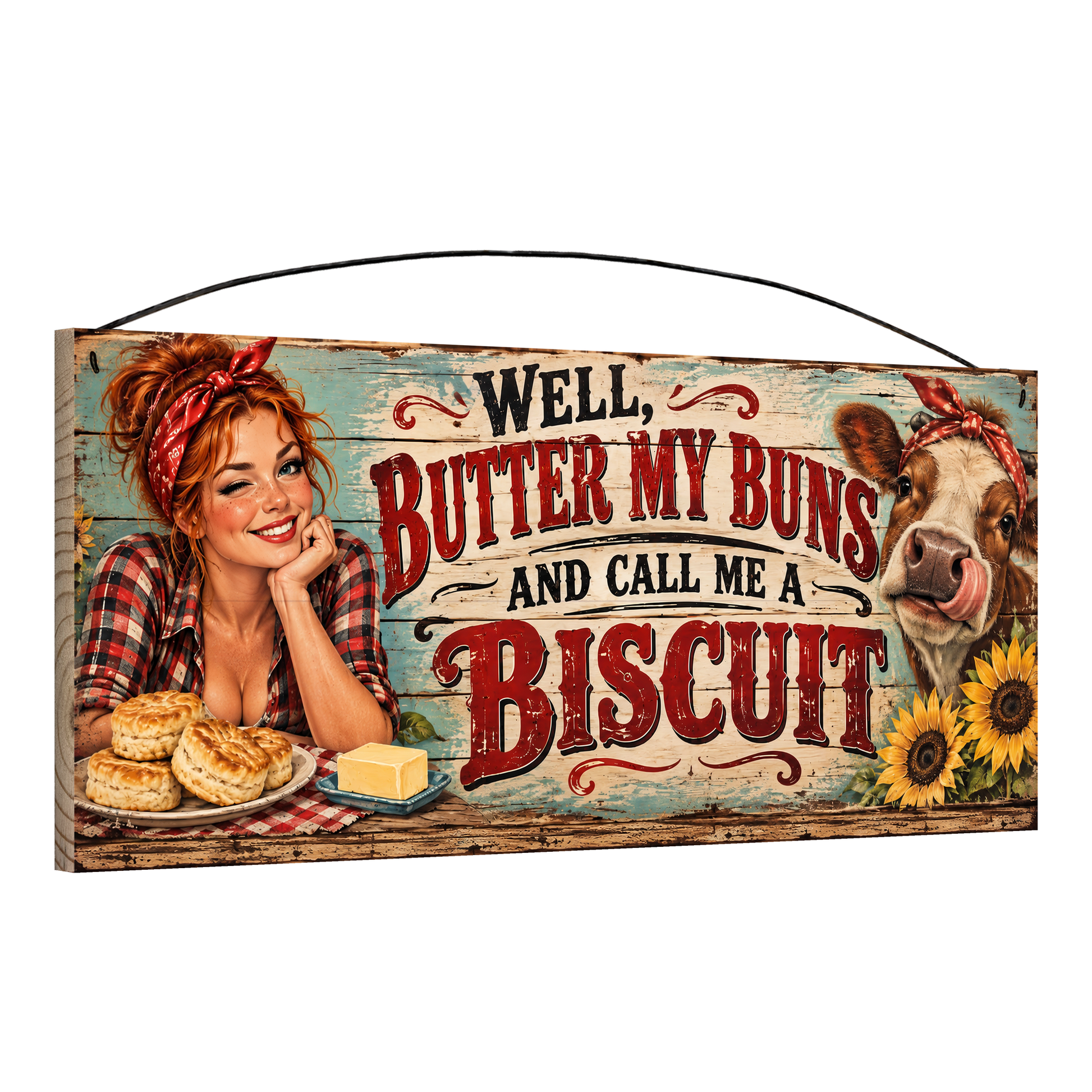Angled view of the Butter My Buns cow and sunflowers 7 x 16 pine wood sign showing the board edge and hanging wire