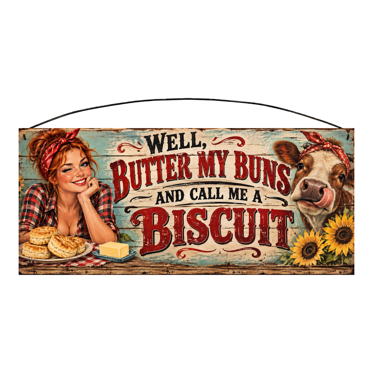Butter My Buns and Call Me a Biscuit cow and sunflowers kitchen wood sign, 7 x 16 inches — solid pine