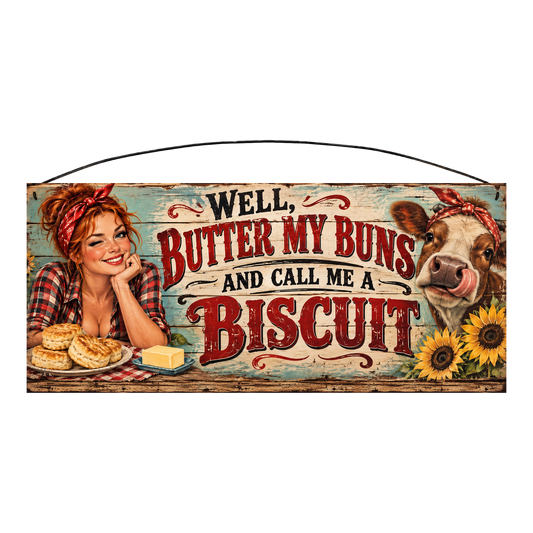 Butter My Buns and Call Me a Biscuit cow and sunflowers kitchen wood sign, 7 x 16 inches — solid pine