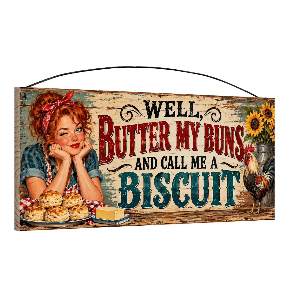 Angled view of the Butter My Buns rooster and teal 7 x 16 pine wood sign showing the board edge and hanging wire