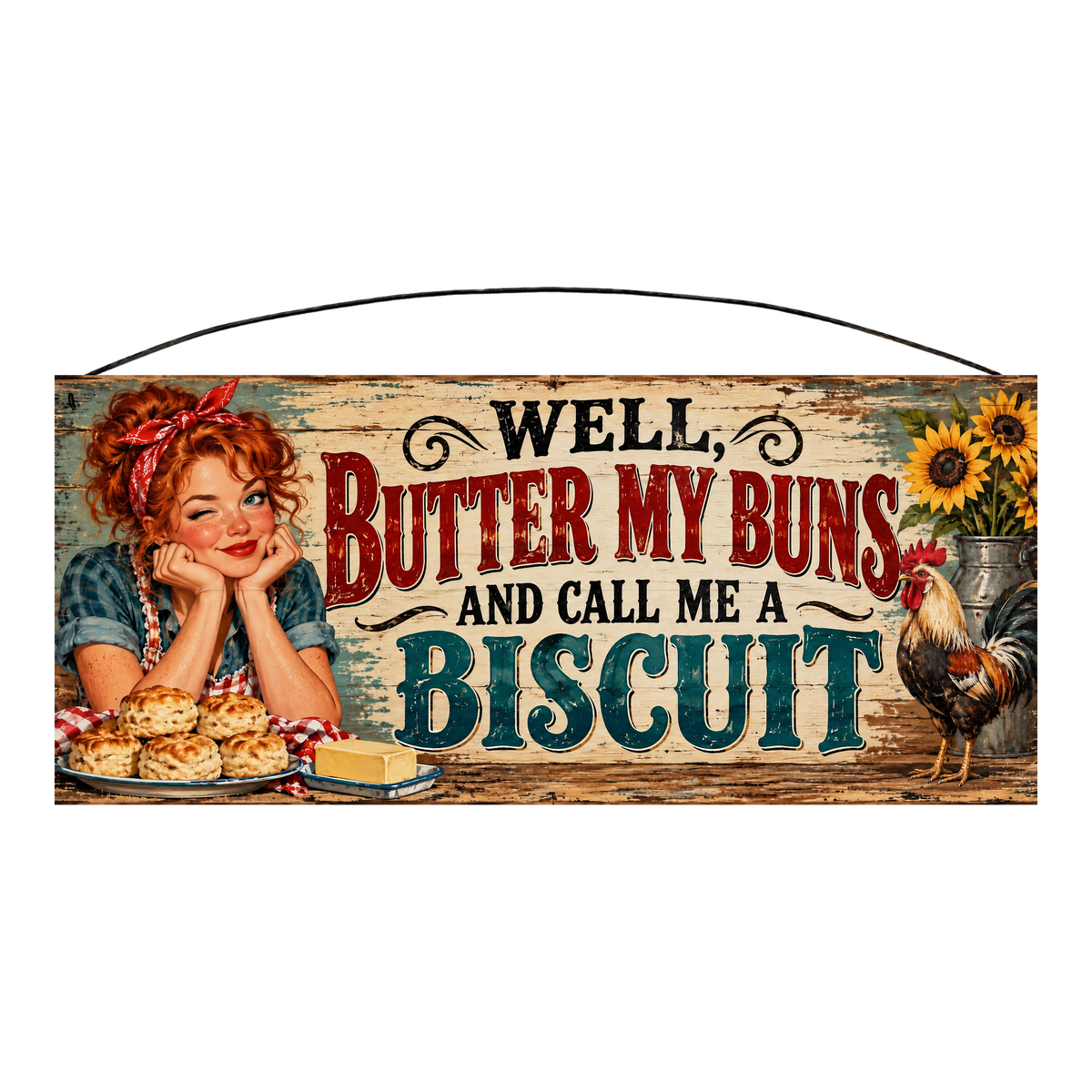 Butter My Buns and Call Me a Biscuit rooster and sunflowers kitchen wood sign, 7 x 16 inches — solid pine