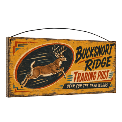 Angled view of the Bucksnort Ridge Trading Post 7 x 16 pine wood sign showing the board edge and hanging wire