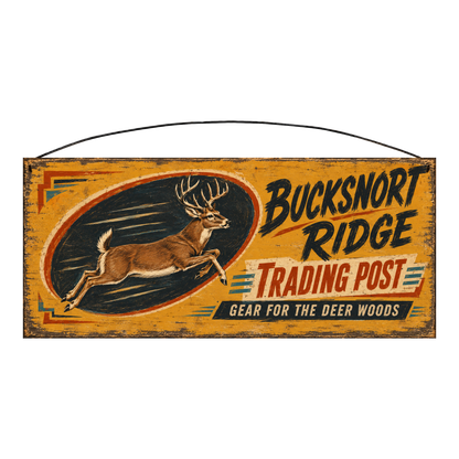 Bucksnort Ridge Trading Post leaping whitetail wood sign, 7 x 16 inches — solid pine
