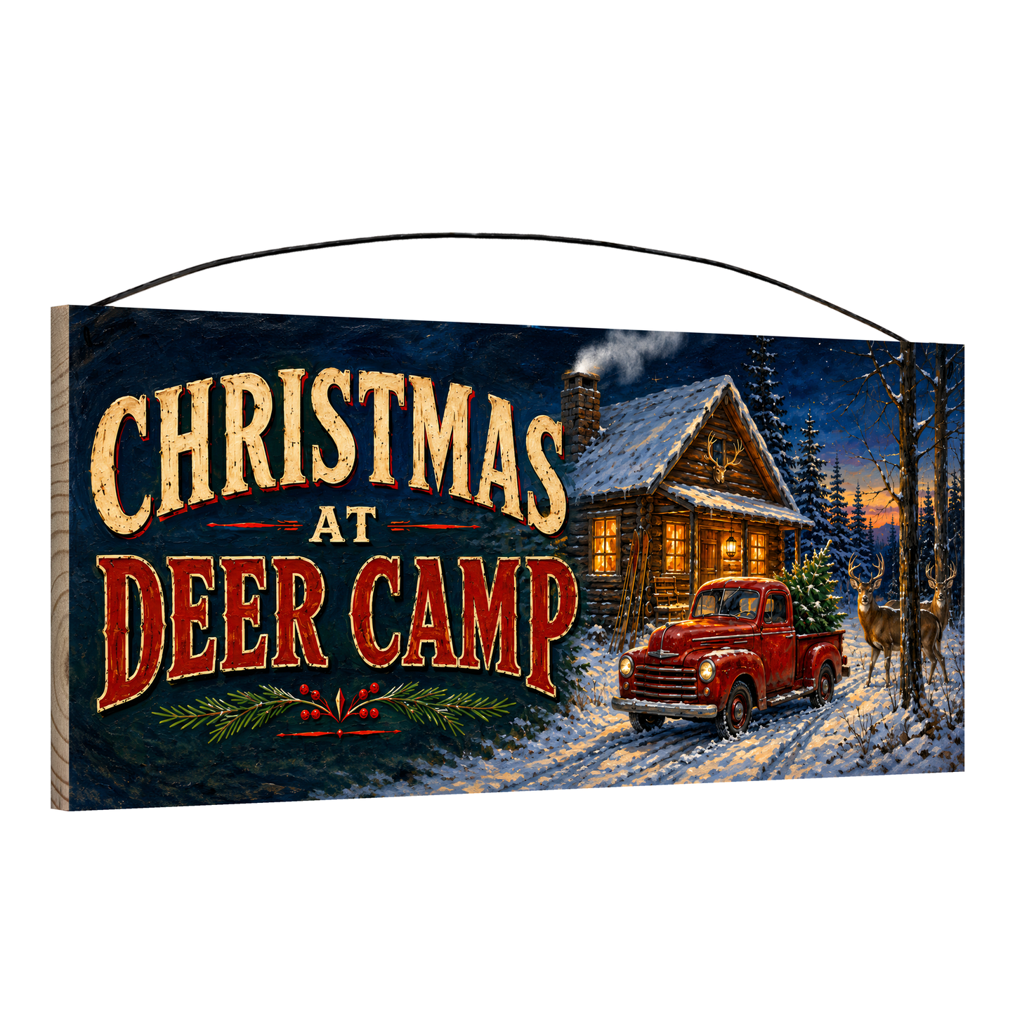 Angled view of the Christmas at Deer Camp 7 x 16 pine wood sign showing the board edge and hanging wire