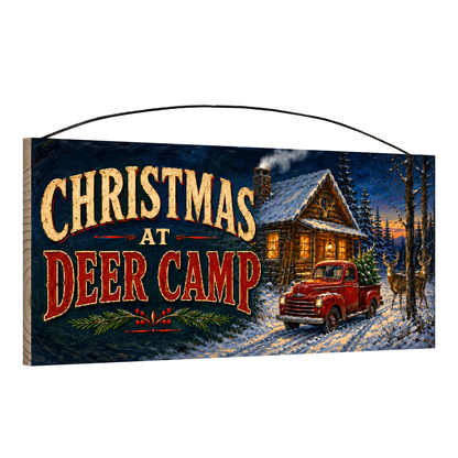 Angled view of the Christmas at Deer Camp 7 x 16 pine wood sign showing the board edge and hanging wire