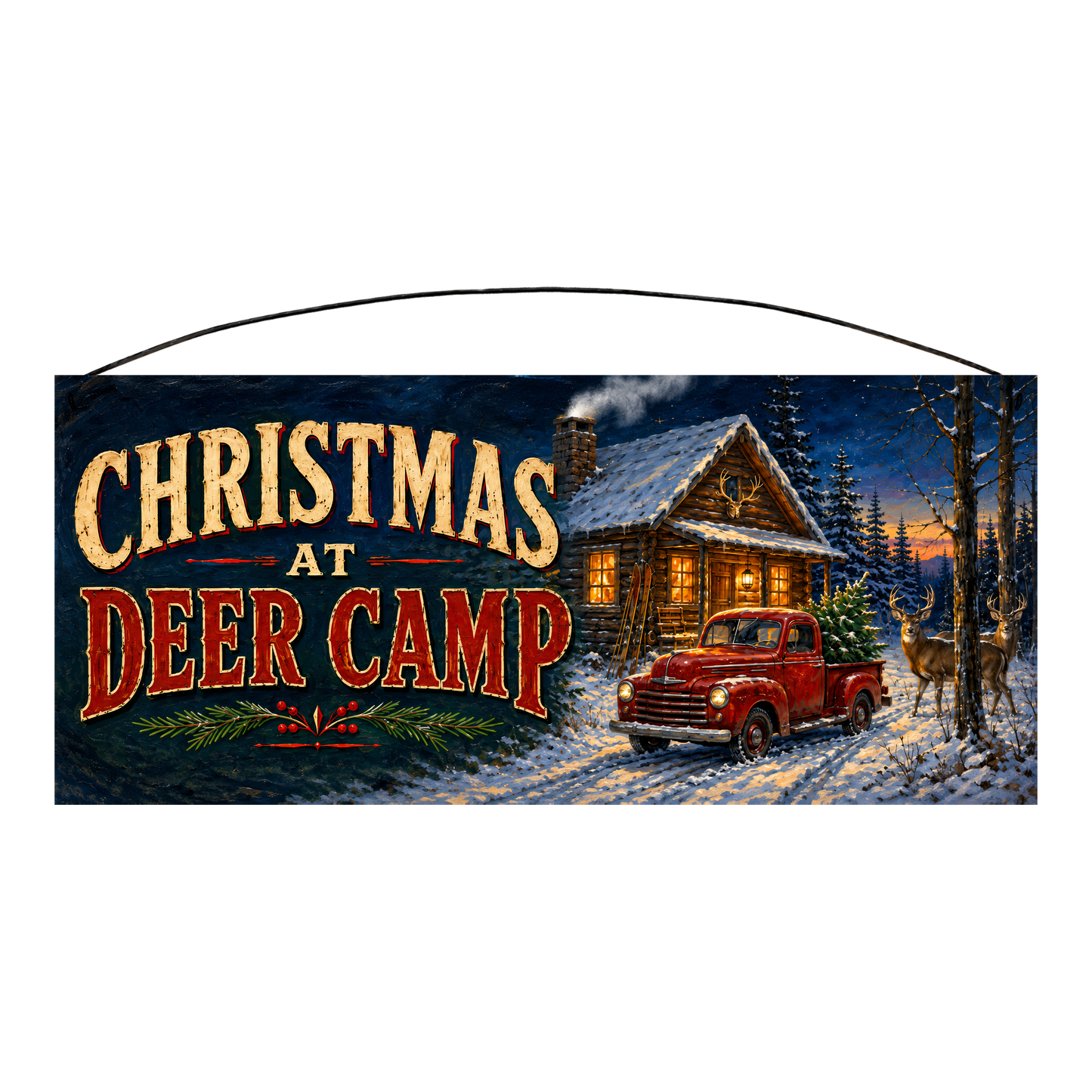 Christmas at Deer Camp cabin and red truck wood sign, 7 x 16 inches — solid pine