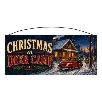 Christmas at Deer Camp cabin and red truck wood sign, 7 x 16 inches — solid pine