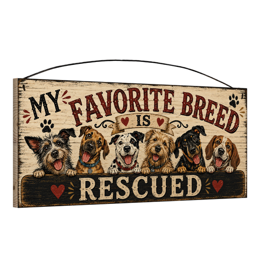 Angled view of the My Favorite Breed Is Rescued 7x16 wood sign, showing the board thickness and wire hanger