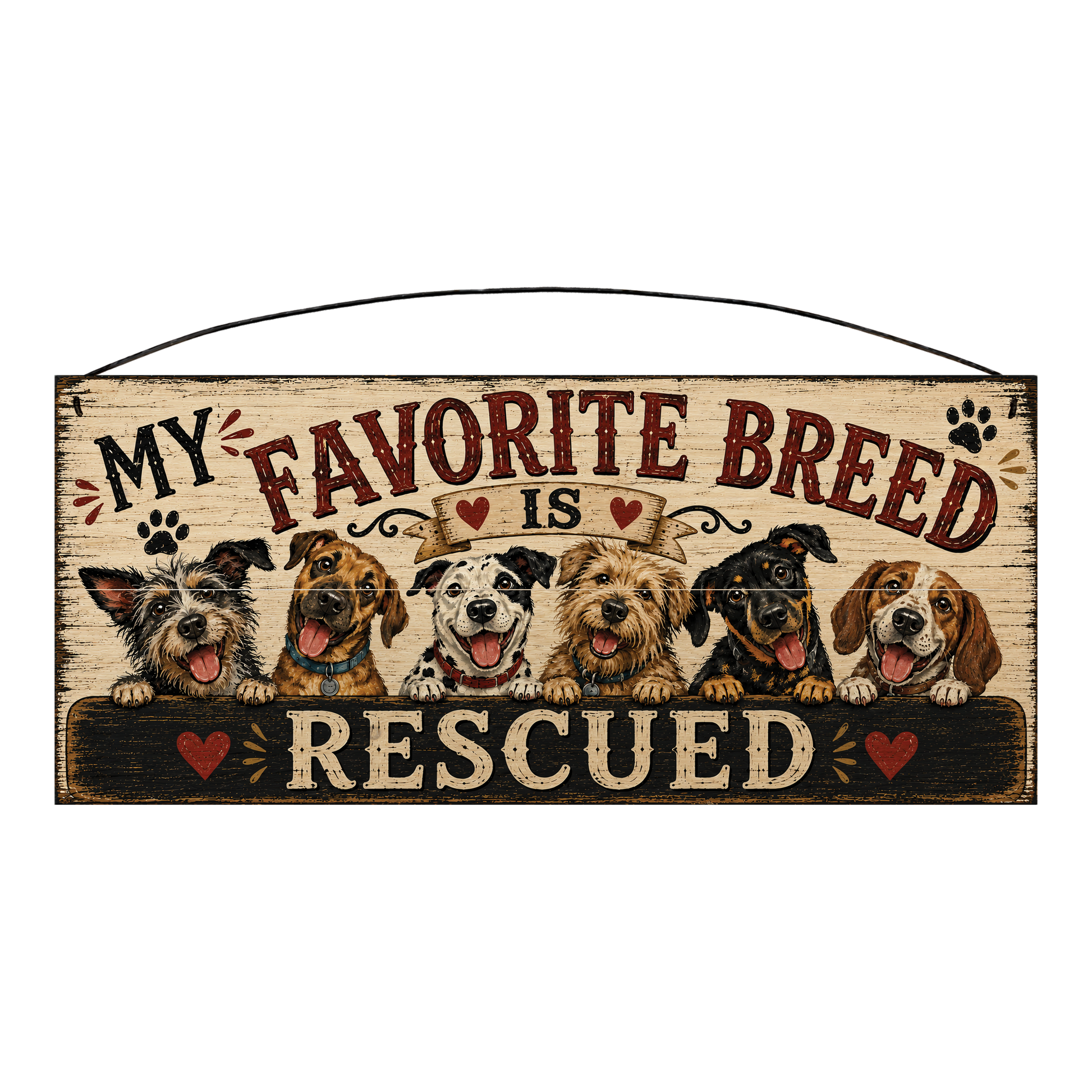 My Favorite Breed Is Rescued Dog Lover Wood Sign, 7×16 — six rescue dogs on a whitewashed pine board
