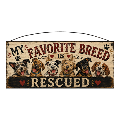 My Favorite Breed Is Rescued Dog Lover Wood Sign, 7×16 — six rescue dogs on a whitewashed pine board