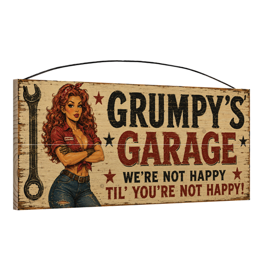 Angled view of the Grumpy's Garage 7 x 16 pine wood sign showing the board edge and hanging wire