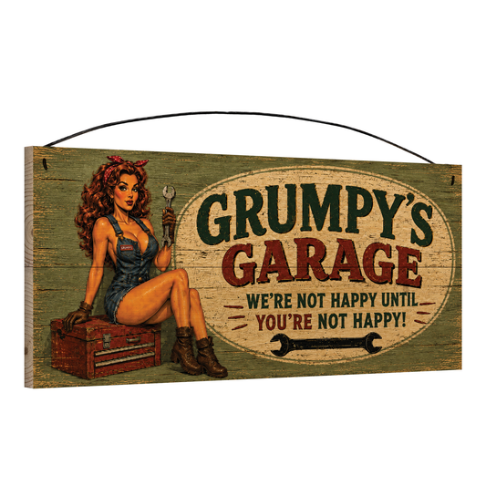 Angled view of the Grumpy's Garage Retro Pinup 7x16 wood sign, showing the board thickness and wire hanger