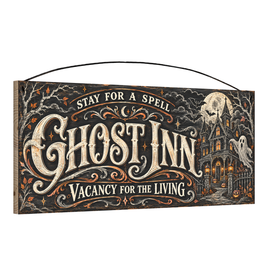 Ghost Inn Vacancy for the Living 7x16 pine wood sign, angled view showing edge