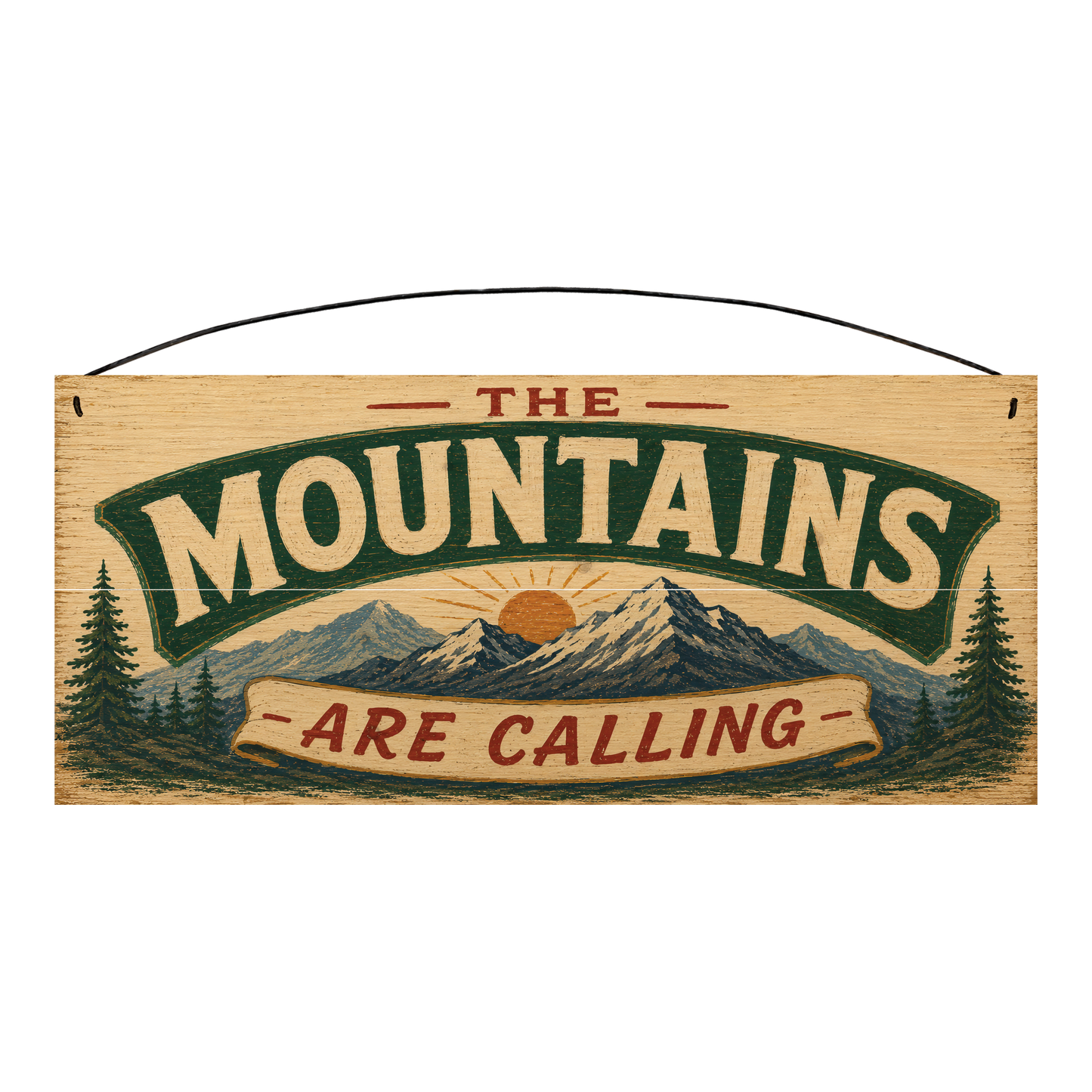 The Mountains Are Calling 7 × 16 wood sign — solid pine