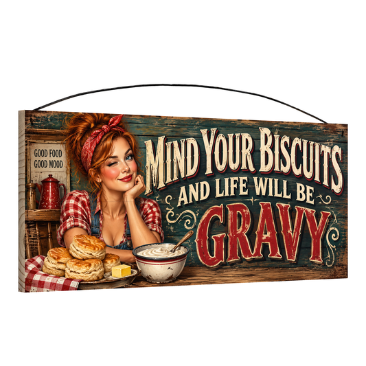 Angled view of the Mind Your Biscuits Good Food Good Mood 7 x 16 pine wood sign showing the board edge and hanging wire