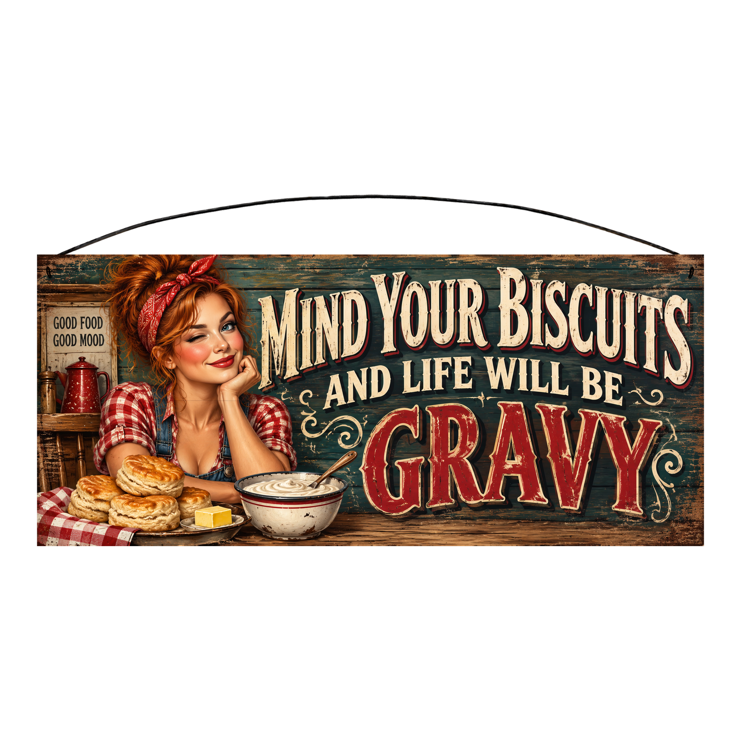 Mind Your Biscuits and Life Will Be Gravy kitchen wood sign, 7 x 16 inches — solid pine