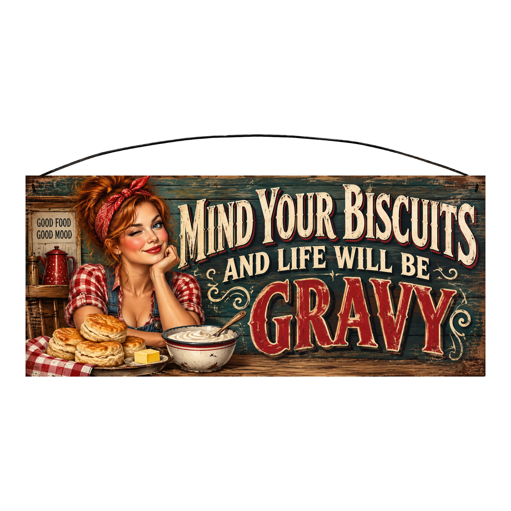 Mind Your Biscuits and Life Will Be Gravy kitchen wood sign, 7 x 16 inches — solid pine