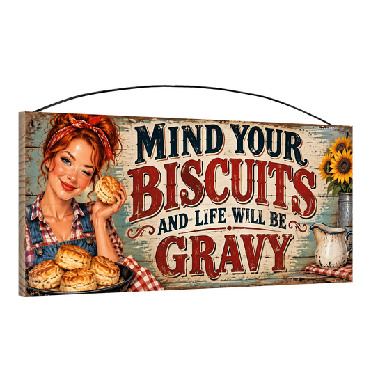Angled view of the Mind Your Biscuits sunflowers 7 x 16 pine wood sign showing the board edge and hanging wire