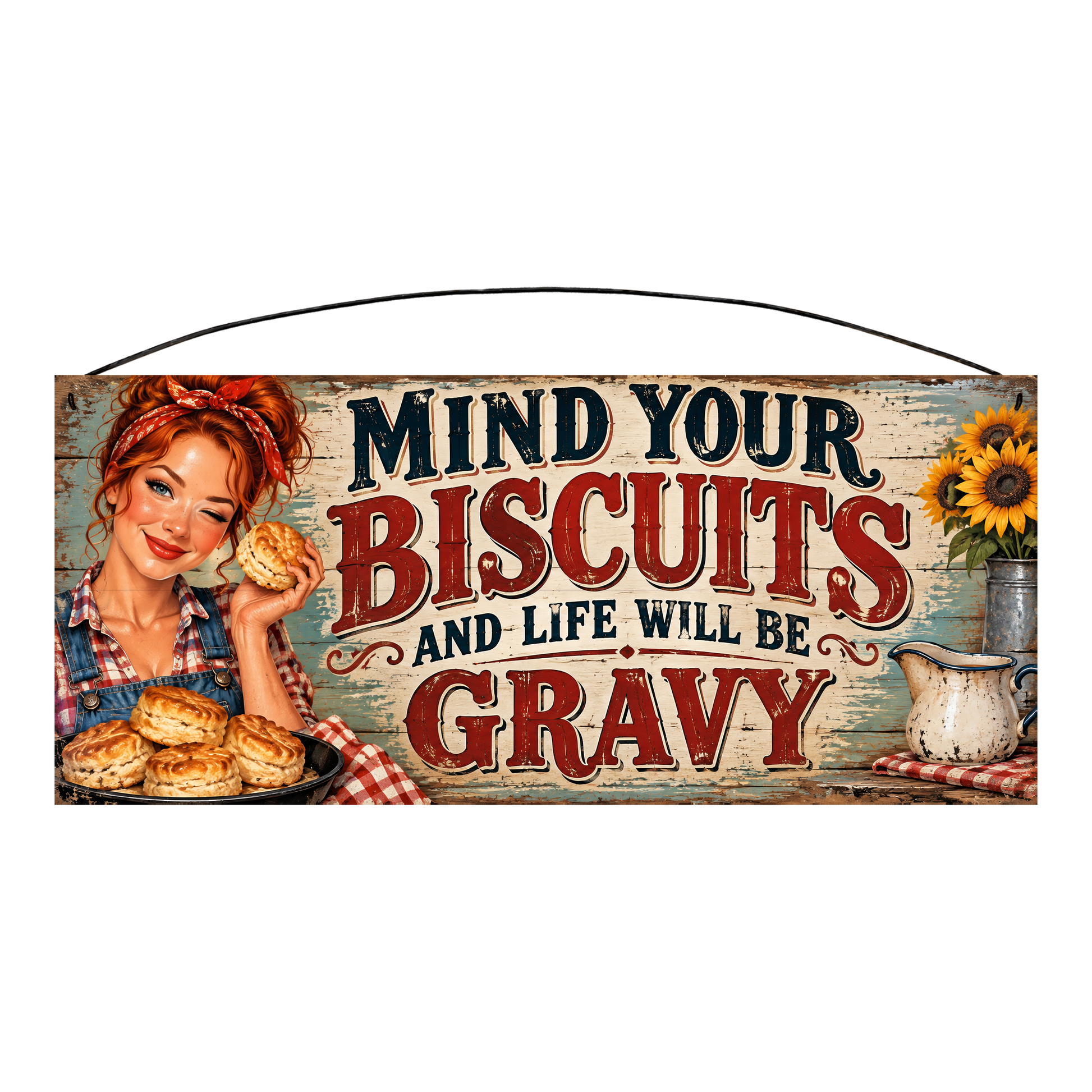 Mind Your Biscuits and Life Will Be Gravy sunflowers kitchen wood sign, 7 x 16 inches — solid pine