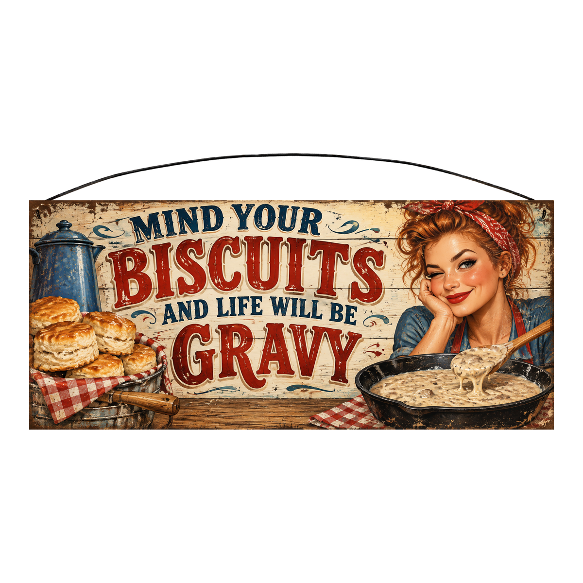 Mind Your Biscuits and Life Will Be Gravy skillet kitchen wood sign, 7 x 16 inches — solid pine