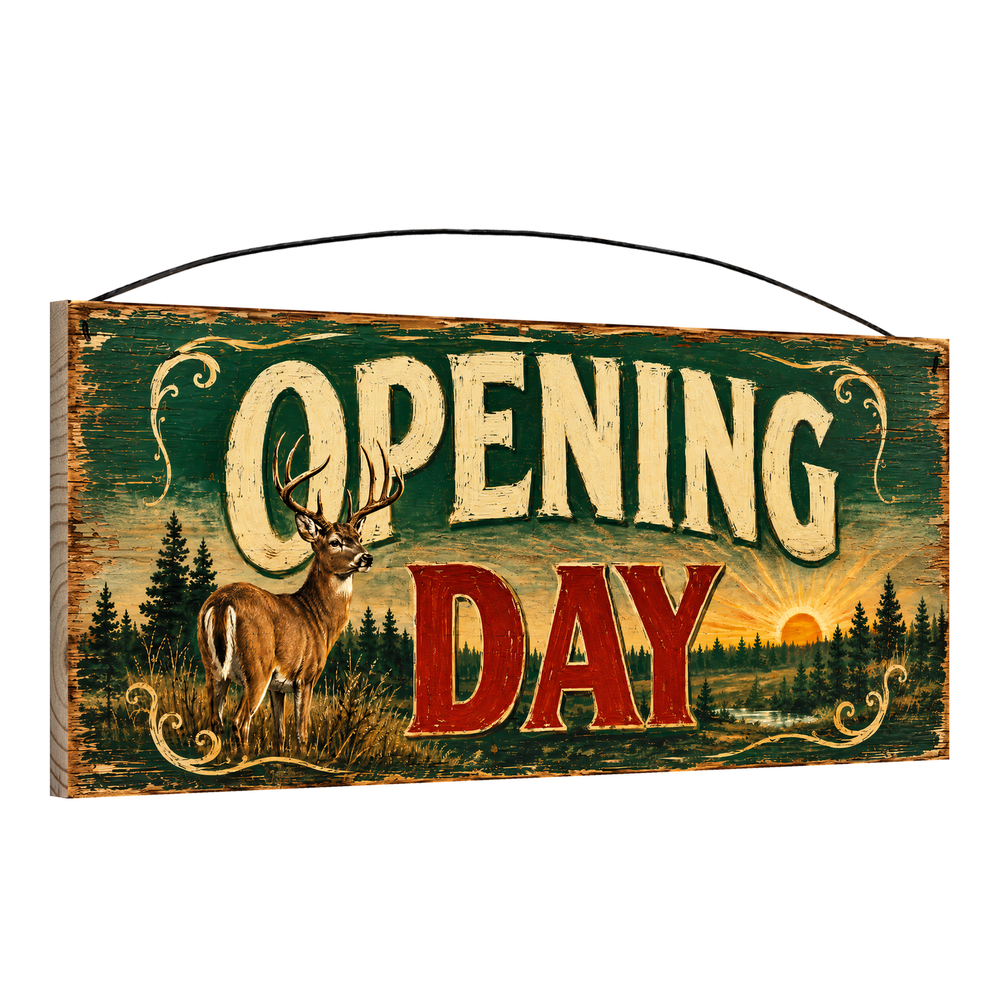 Angled view of the Opening Day Deer Camp 7 x 16 pine wood sign showing the board edge and hanging wire