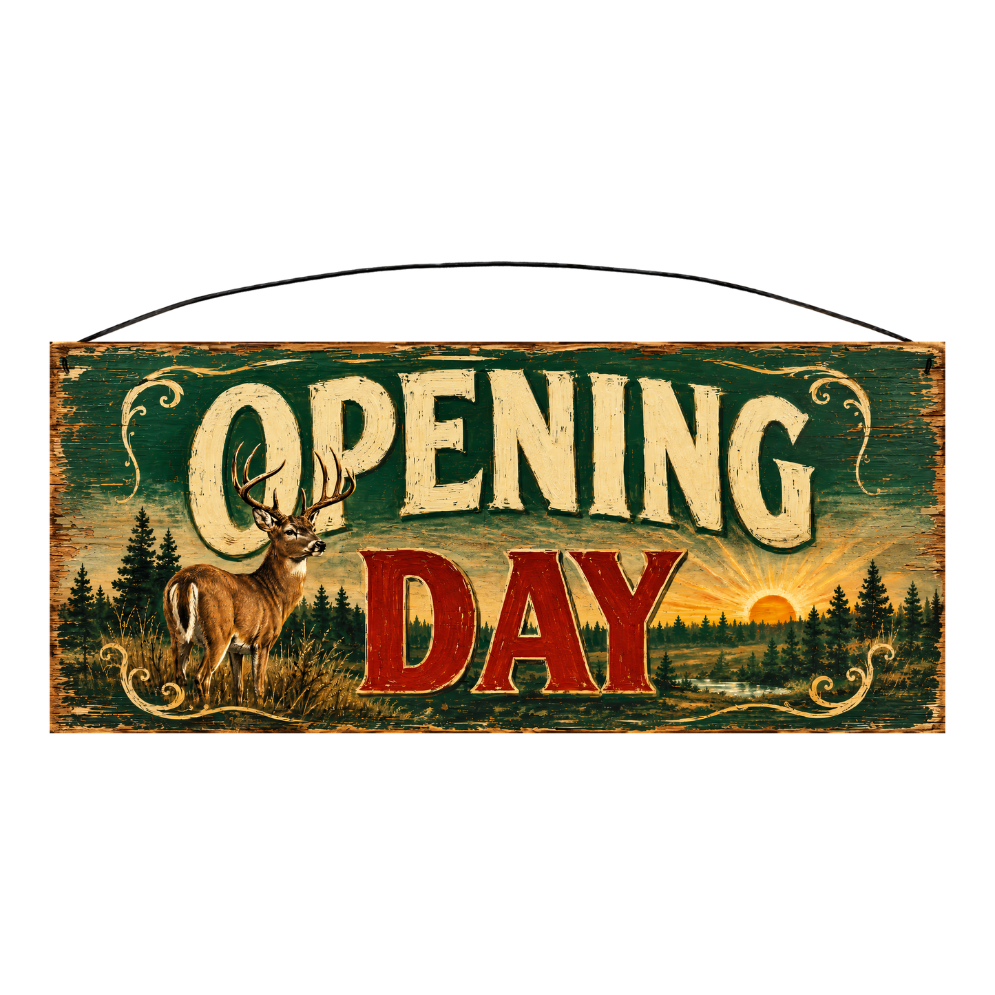Opening Day whitetail deer camp wood sign, 7 x 16 inches — solid pine