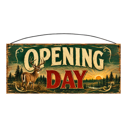 Opening Day whitetail deer camp wood sign, 7 x 16 inches — solid pine