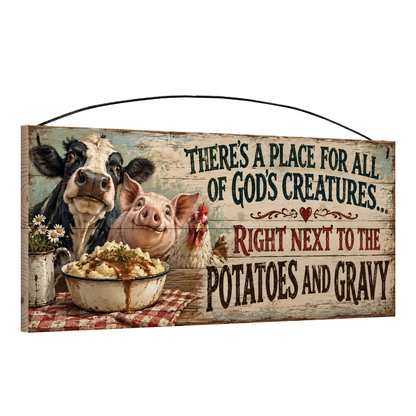 Angled view of the All God's Creatures Right Next to the Potatoes and Gravy 7x16 wood sign, showing the board thickness and wire hanger