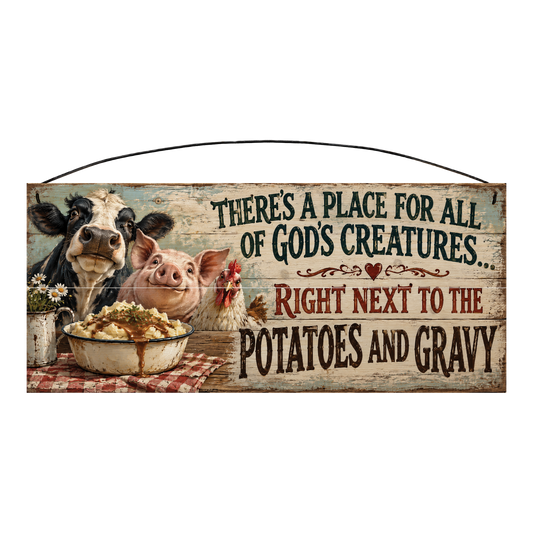 All God's Creatures Right Next to the Potatoes and Gravy Wood Sign, 7×16 — solid pine