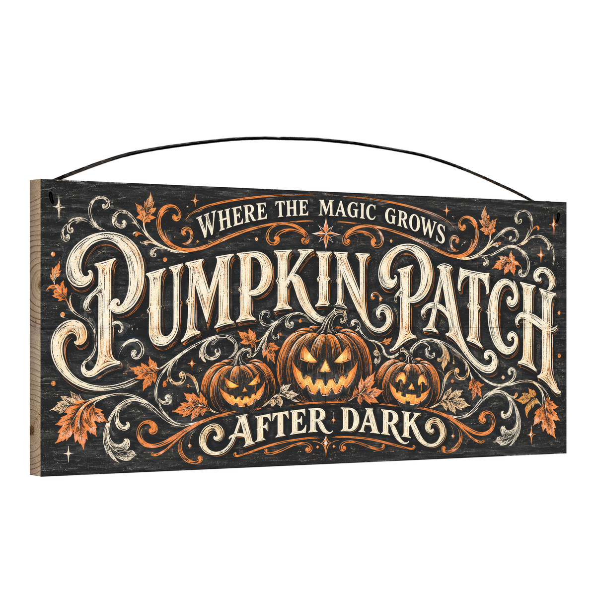 Pumpkin Patch After Dark 7x16 pine wood sign, angled view showing edge